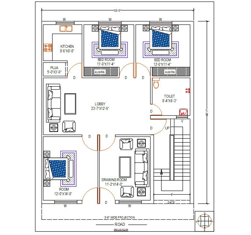33'X40' House Ground Floor Plan With Furniture Layout Drawing DWG File