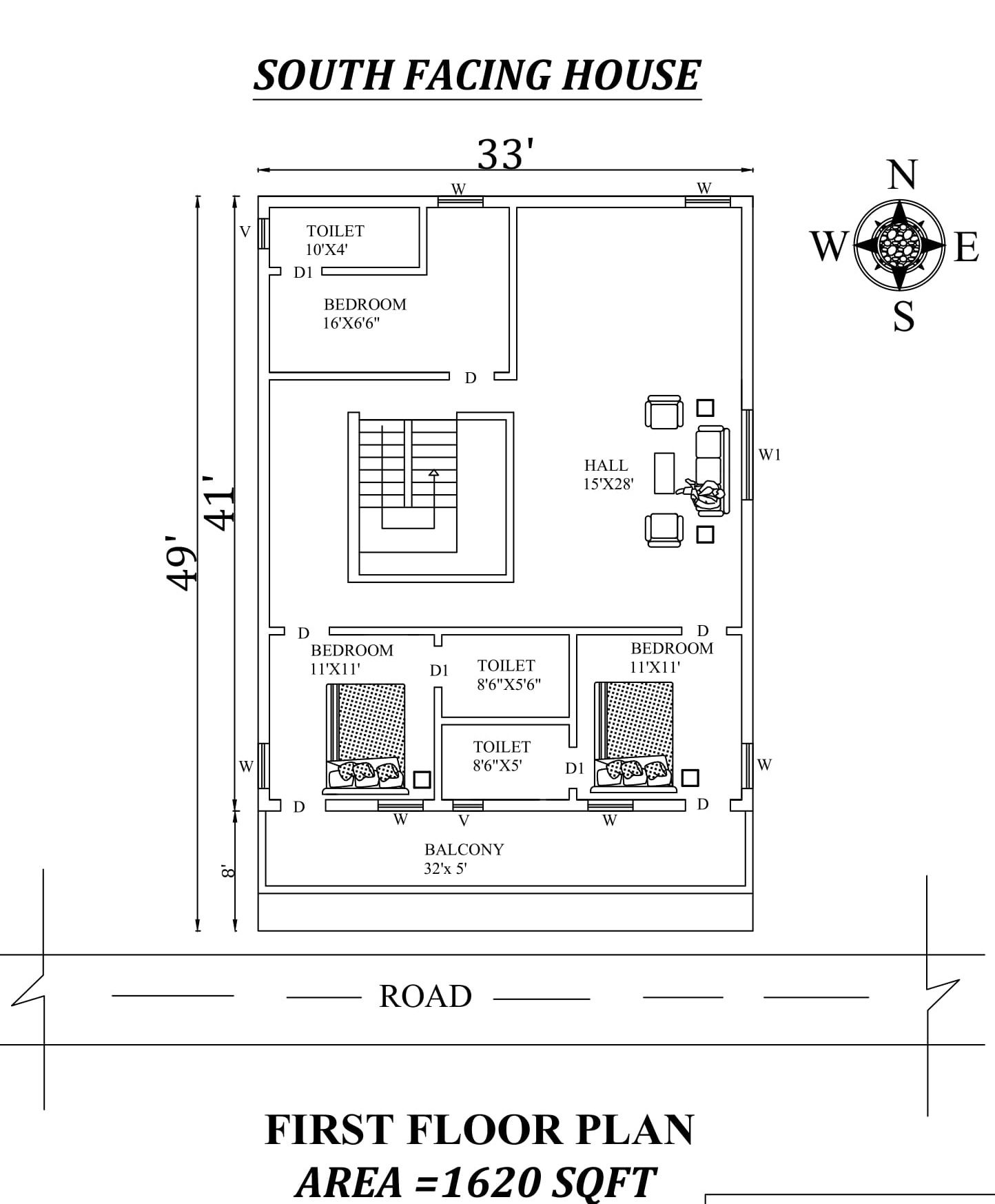 33'X41' 2bhk Awesome South facing First floor House Plan As Per Vastu Shastra.Autocad DWG and Pdf file details.