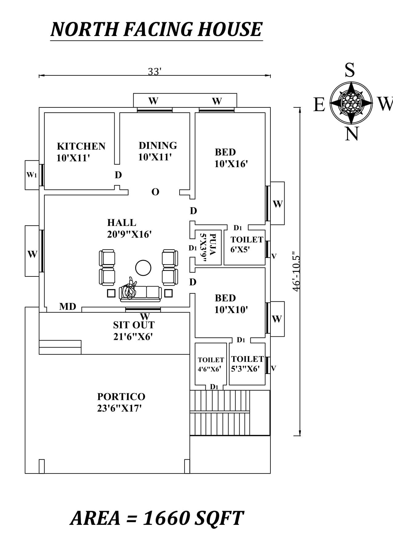 33'X46'10" Amazing North facing 2bhk house plan as per Vastu Shastra.Autocad DWG and Pdf file details.