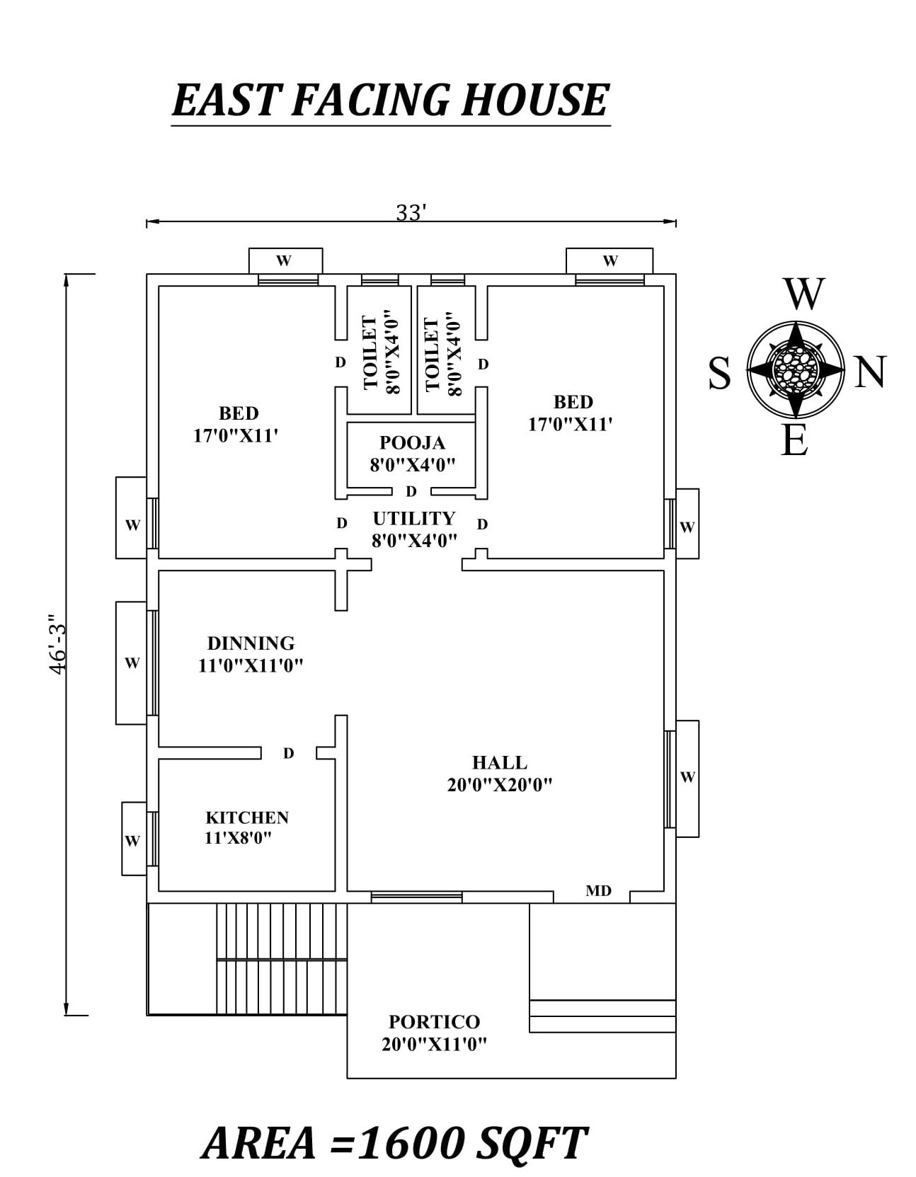 33'X46'3" Amazing 2bhk East facing House Plan Layout As Per Vastu Shastra.Autocad DWG and Pdf file details.