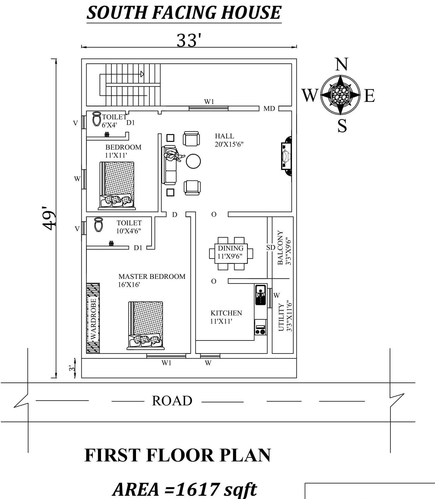 33'X49' 2bhk Awesome South facing First floor House Plan As Per Vastu Shastra.Autocad DWG and Pdf file details.