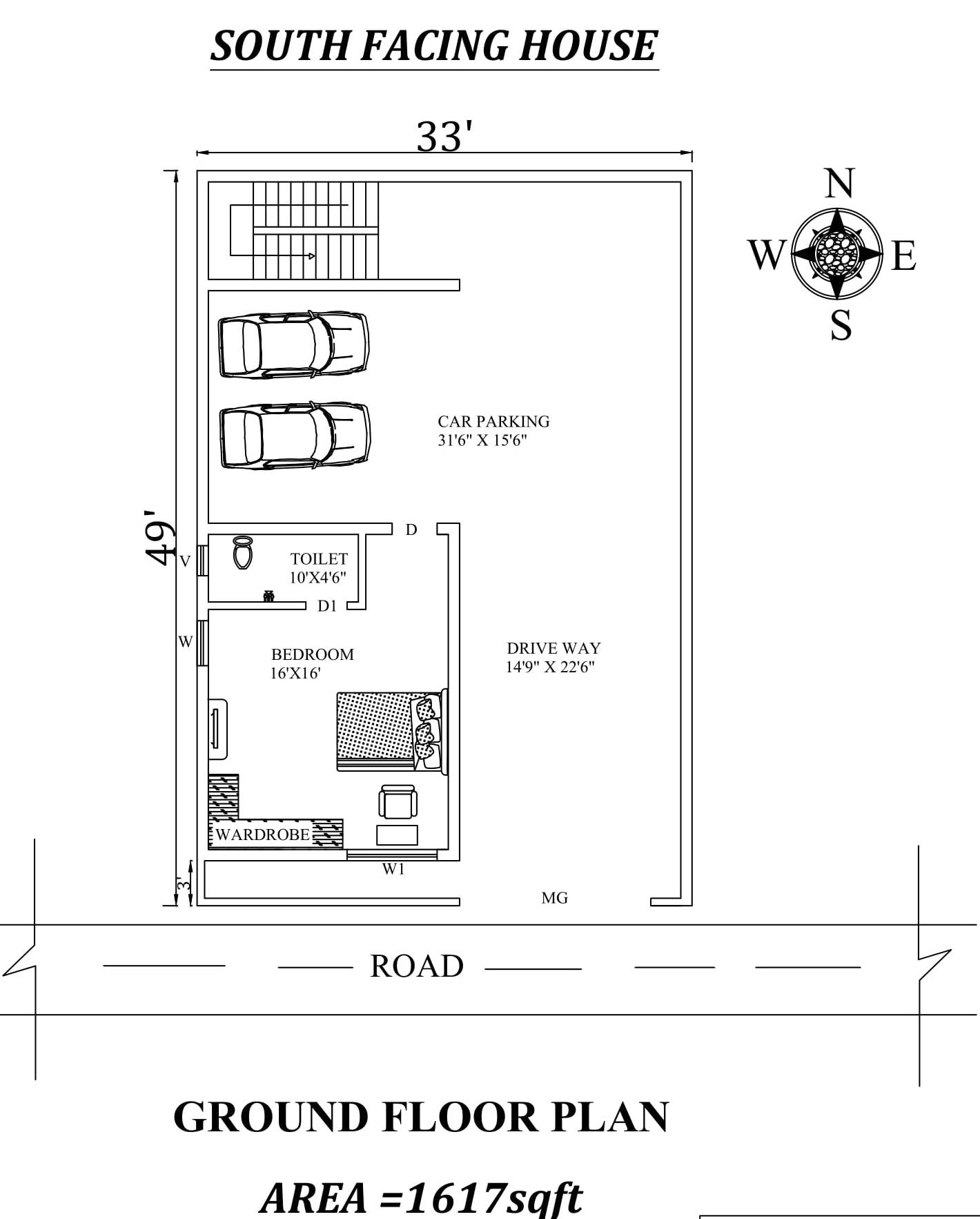 33'X49' South-facing Ground floor House Plan layout As Per Vastu Shastra.Autocad DWG and Pdf file details.