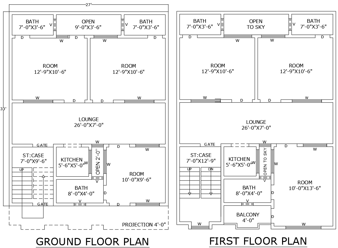 AutoCAD Two-Floor House Layout 33ft×27ft Residential Plan