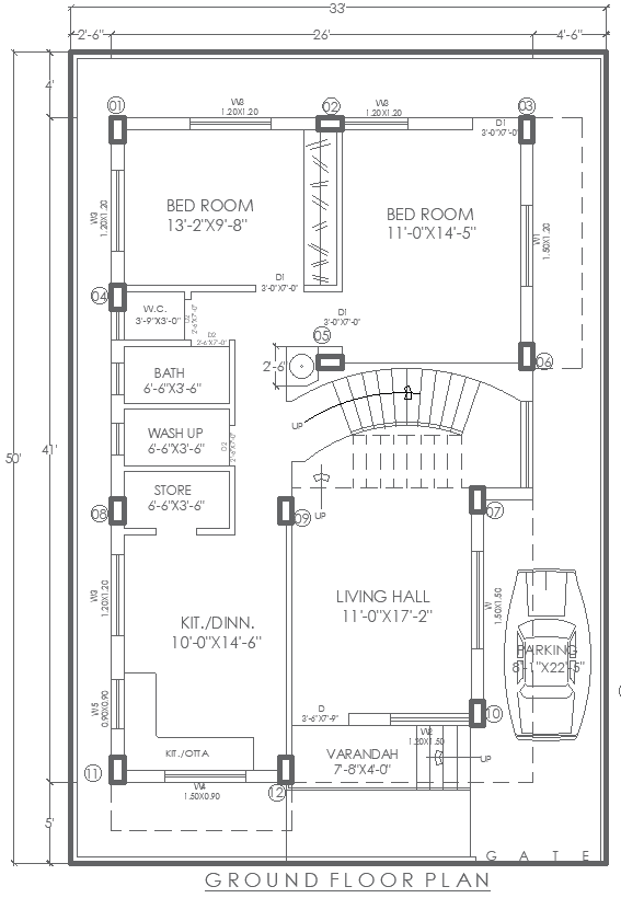 33ftx50ft Ground Floor 2BHK House Layout Plan in DWG File