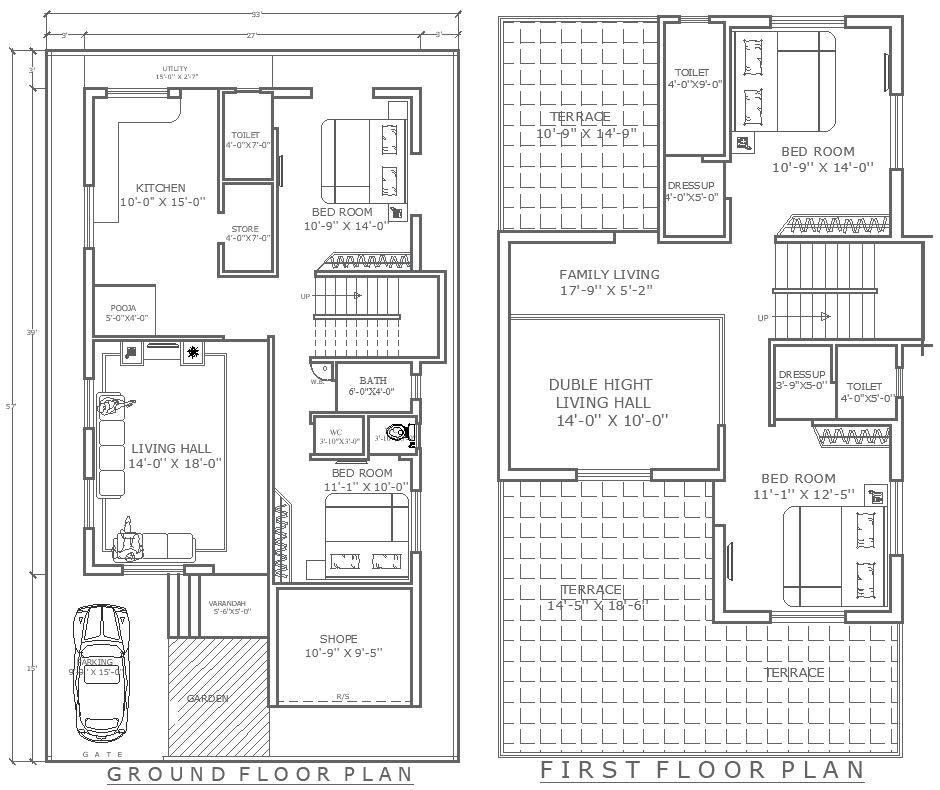 33ftx57ft 4BHK House Plan with Shop Ground Floor DWG File
