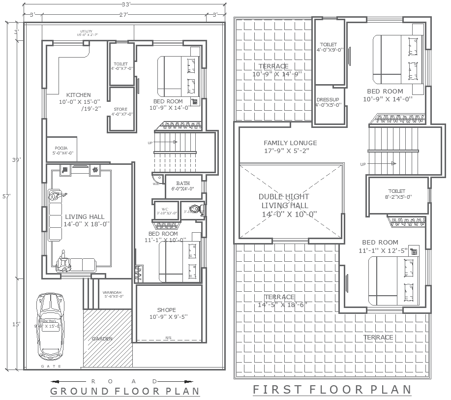 33ft x 57ft 4BHK House Plan Layout with 2-Floor Details – AutoCAD DWG File