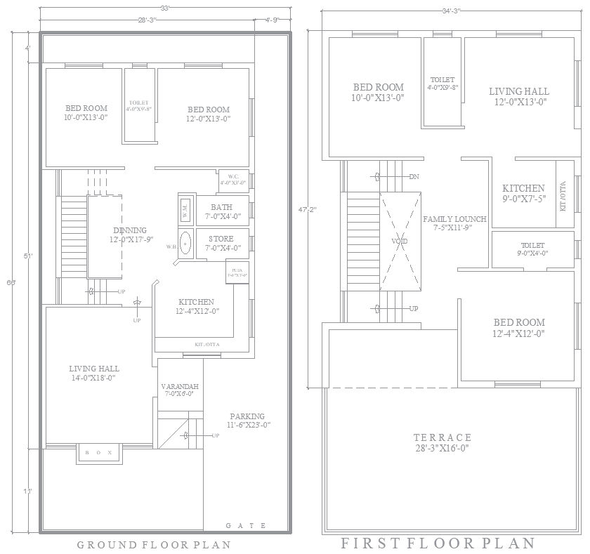 33ftx66ft 4BHK Ground and First Floor House Plan DWG File