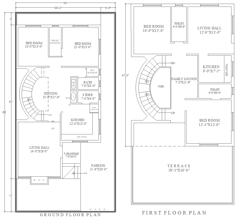33ftx66ft Ground and First Floor House Plan Layout DWG File