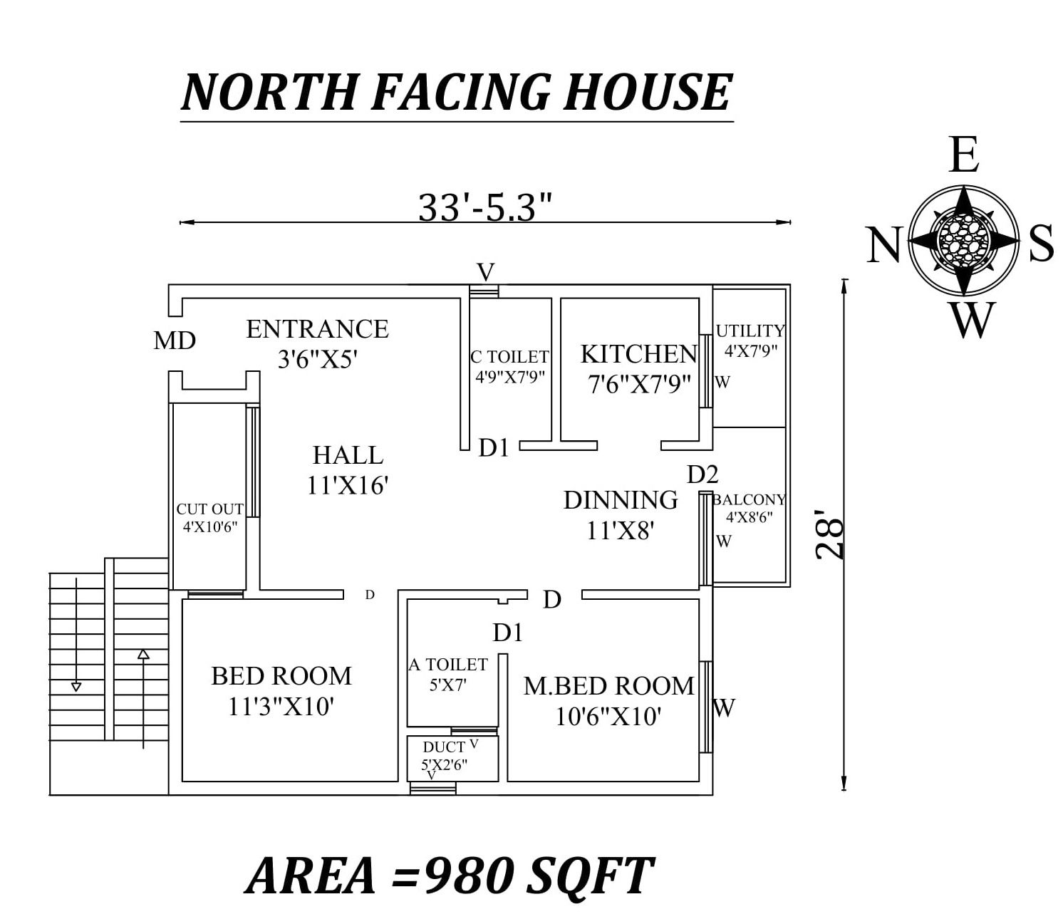 33'x28' Amazing North facing 2bhk house plan as per vastu Shastra.Autocad DWG and Pdf file details