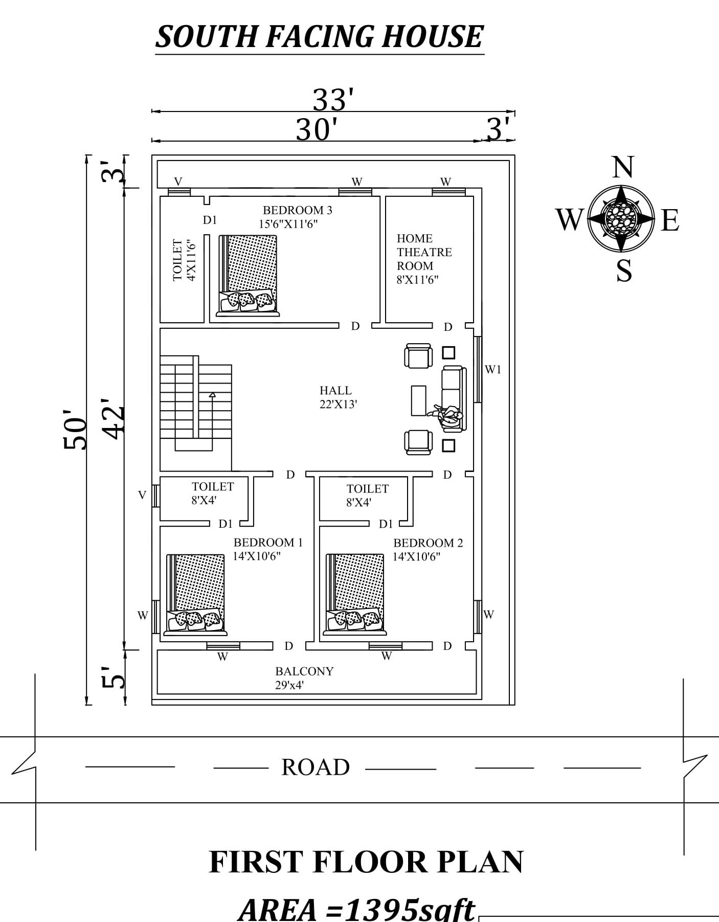 33'x50' South facing First Floor House Plan As Per Vastu Shastra, Autocad DWG and PDF file Details.