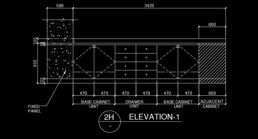 AutoCAD 3420mm Cabinet Back Side Elevation DWG Layout