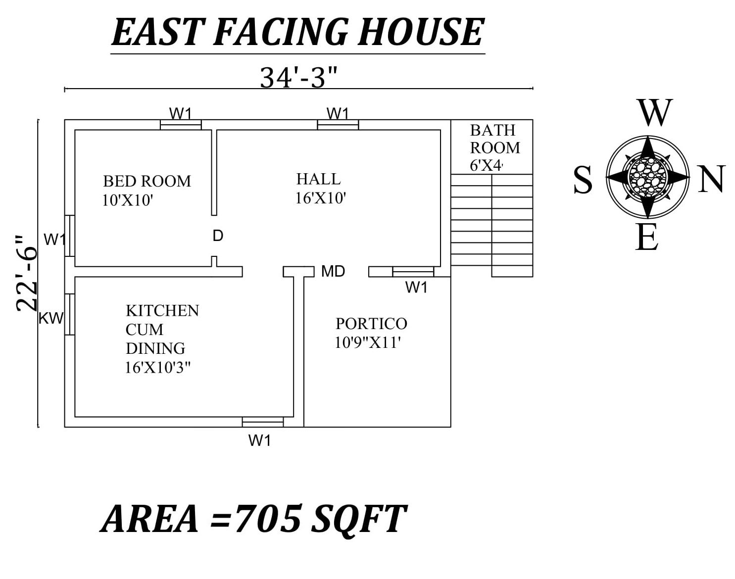 34'3" X22'6" East Facing SIngle BHk House Plan As Per Vasthu Shastra,Autocad DWG and PDF file Details