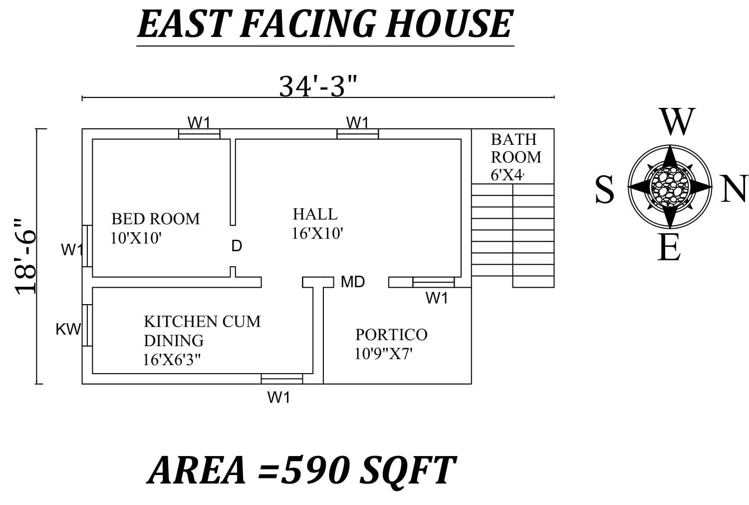 34'3"x 18'6" Single bhk East facing House Plan As Per Vastu Shastra, Autocad DWG file details.