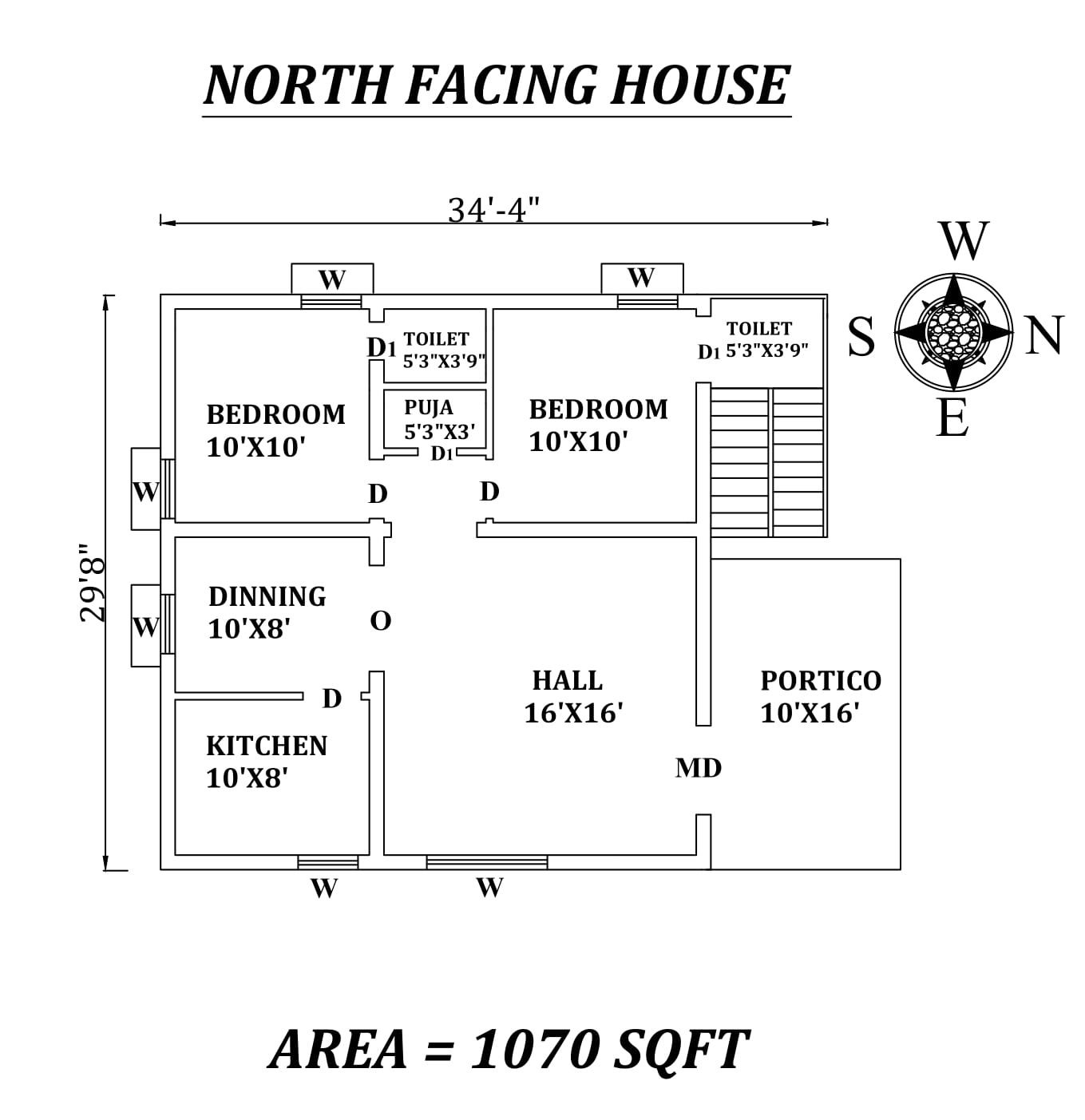 34'4"X29'8" Amazing North facing 2bhk house plan as per Vastu Shastra,Autocad DWG and Pdf file details.