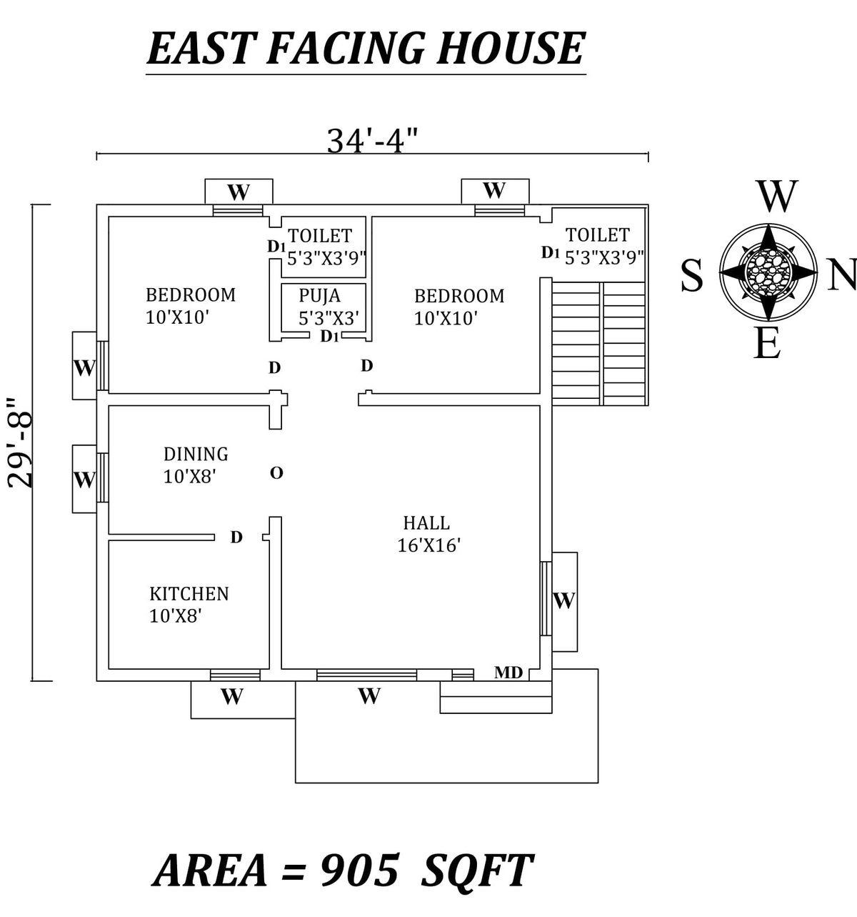 34'4" X29'8" The best 2bhk East facing House Plan As Per Vastu Shastra,,Autocad DWG and Pdf file details.