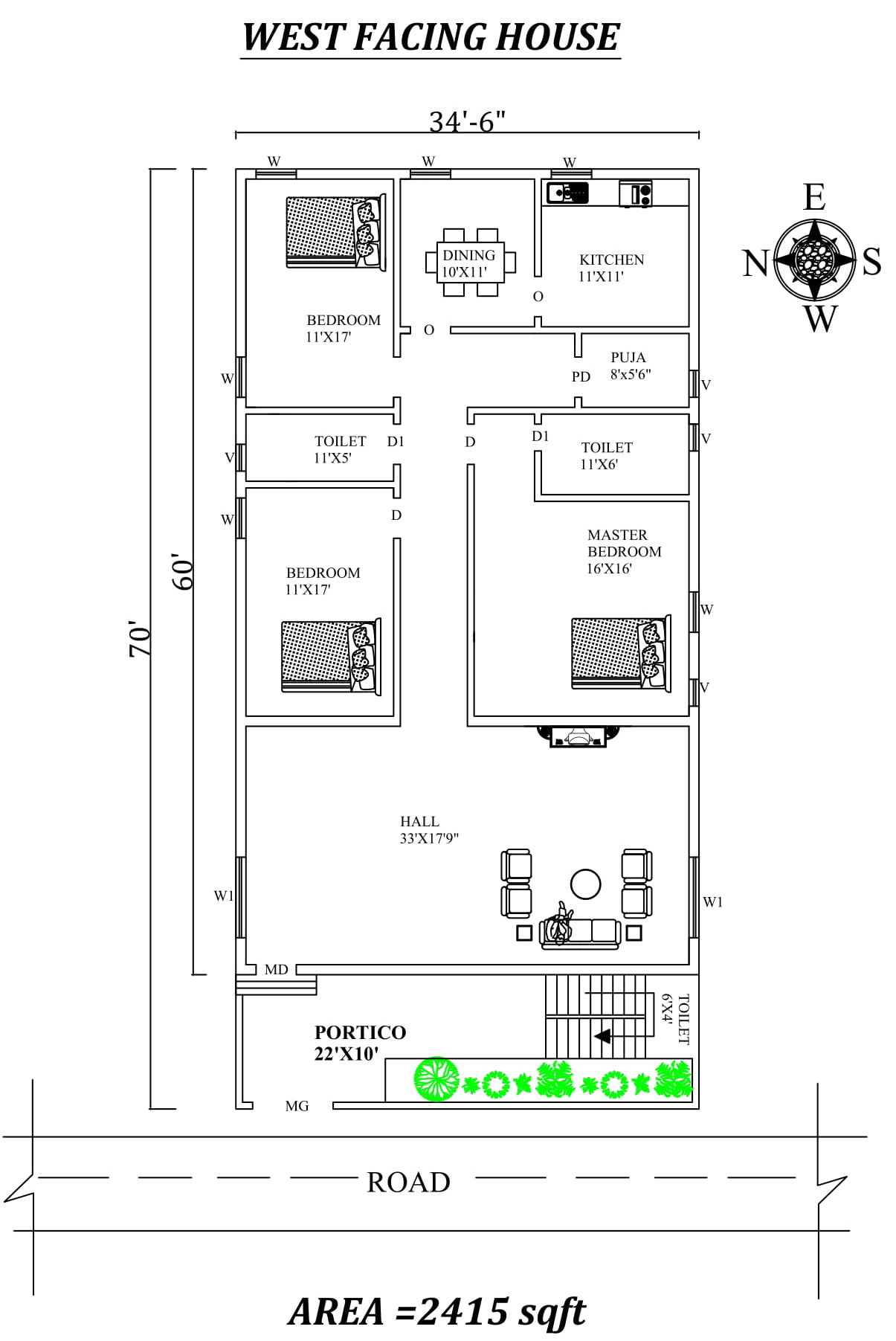 34'6"X70' Marvelous Furnished 3bhk West facing House Plan As Per Vastu Shastra. Autocad DWG and Pdf file details.