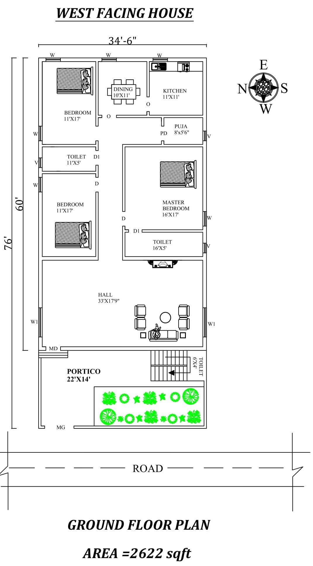 34'6"X 76' Beautiful 3bhk West facing House Plan As Per Vastu Shastra,Autocad DWG and Pdf file details.