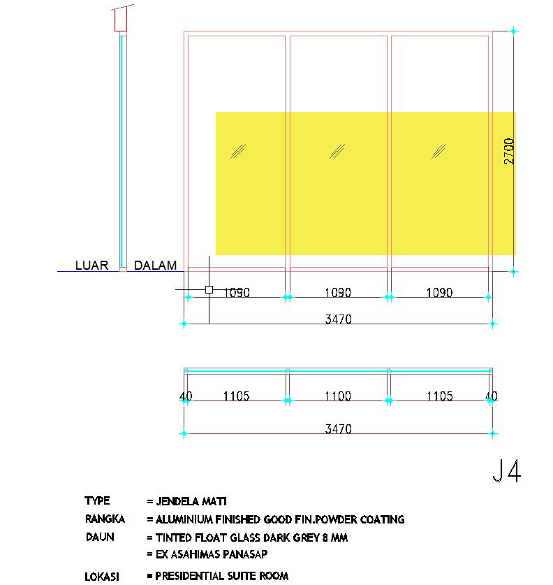 3470×2700 sized window design is given in AutoCAD drawing, CAD file, dwg file