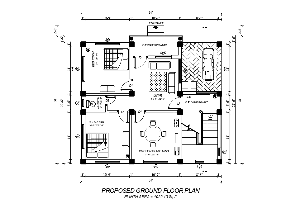 34'X31' House 2 BHK Plan AutoCAD Drawing Download DWG File