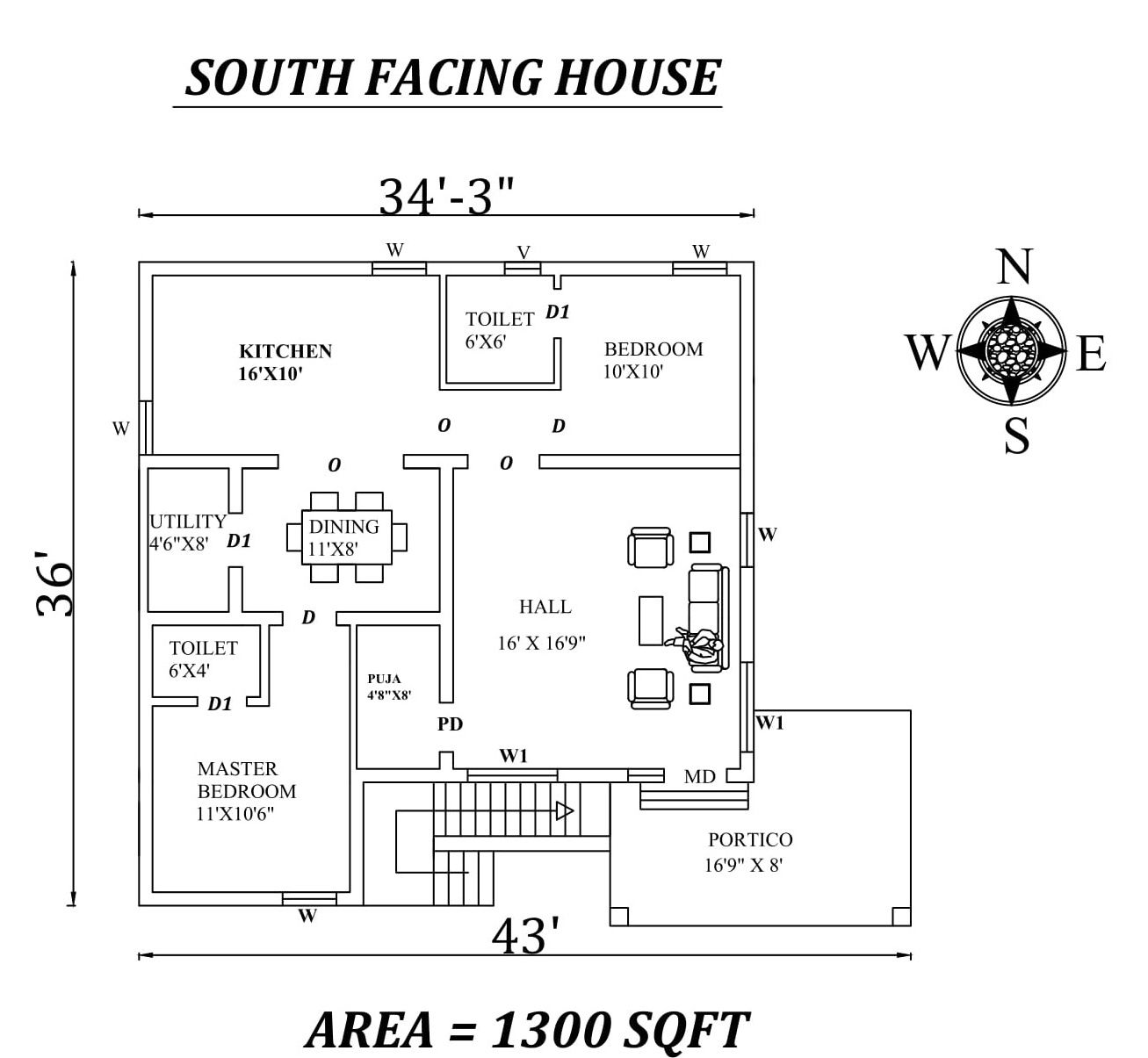 34'X36' 2bhk Amazing South facing House Plan As Per Vastu Shastra. Autocad DWG and Pdf file details.