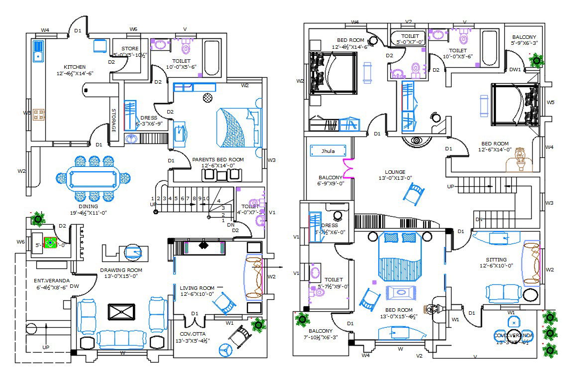 34' X 47 Architecture House Plan with Interior Furniture Design AutoCAD File