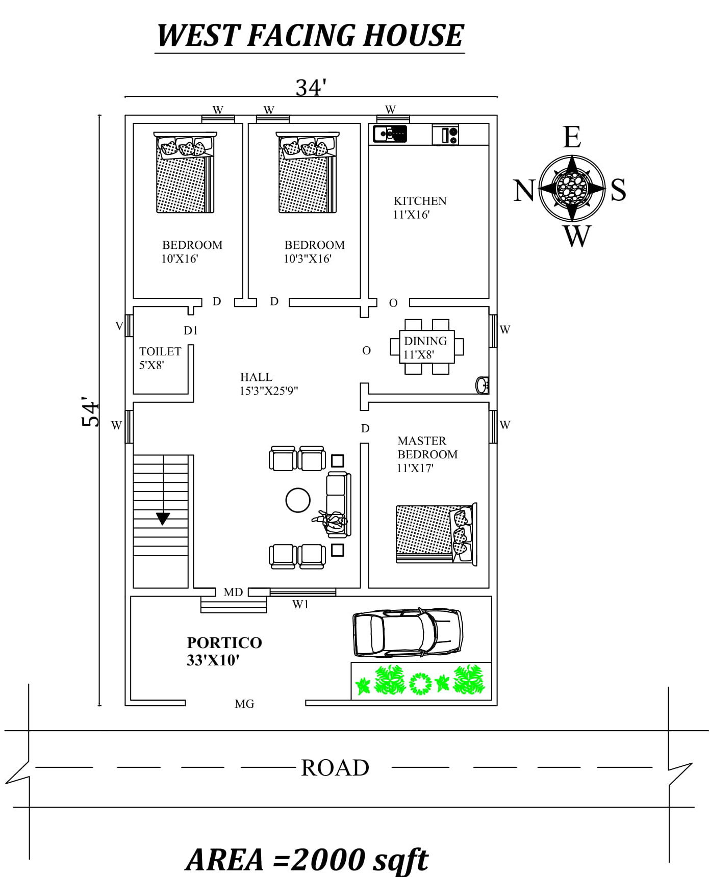 34'X 54' Beautiful 3bhk West facing House Plan As Per Vastu Shastra,Autocad DWG and Pdf file details.