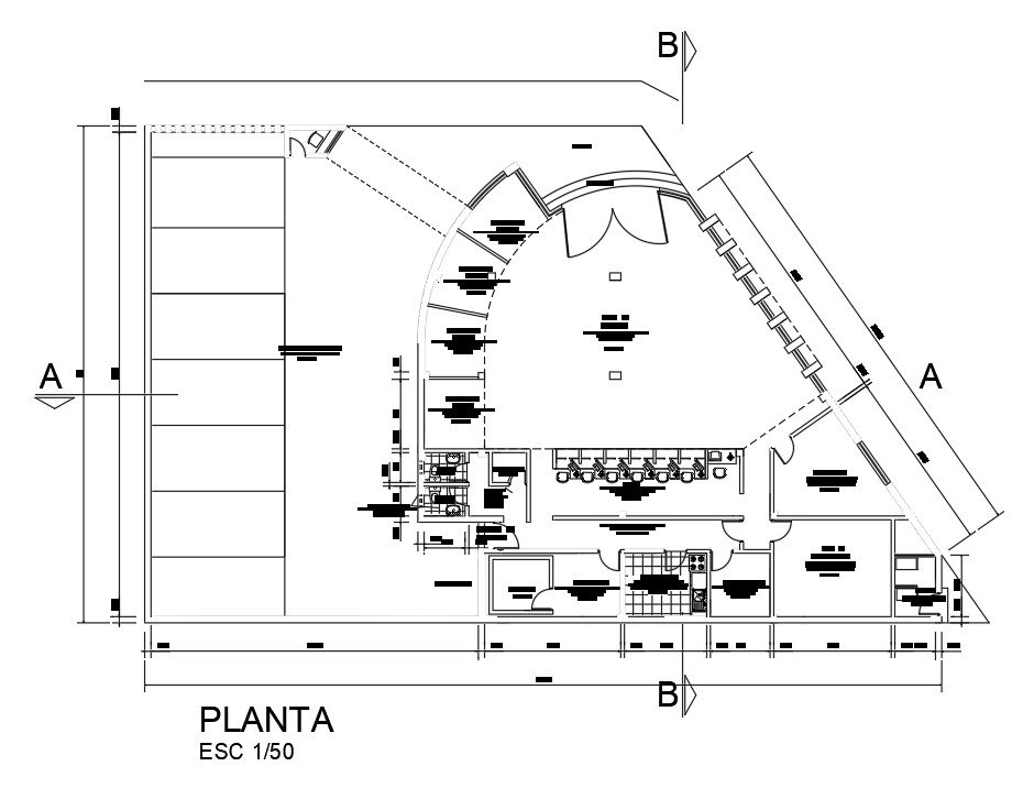 34x20m ground floor bank plan is given in this Autocaddrawing file.Download now.