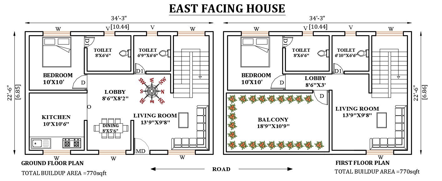 34’x23’ east facing house plan is given in this Autocad drawing file. Download now.