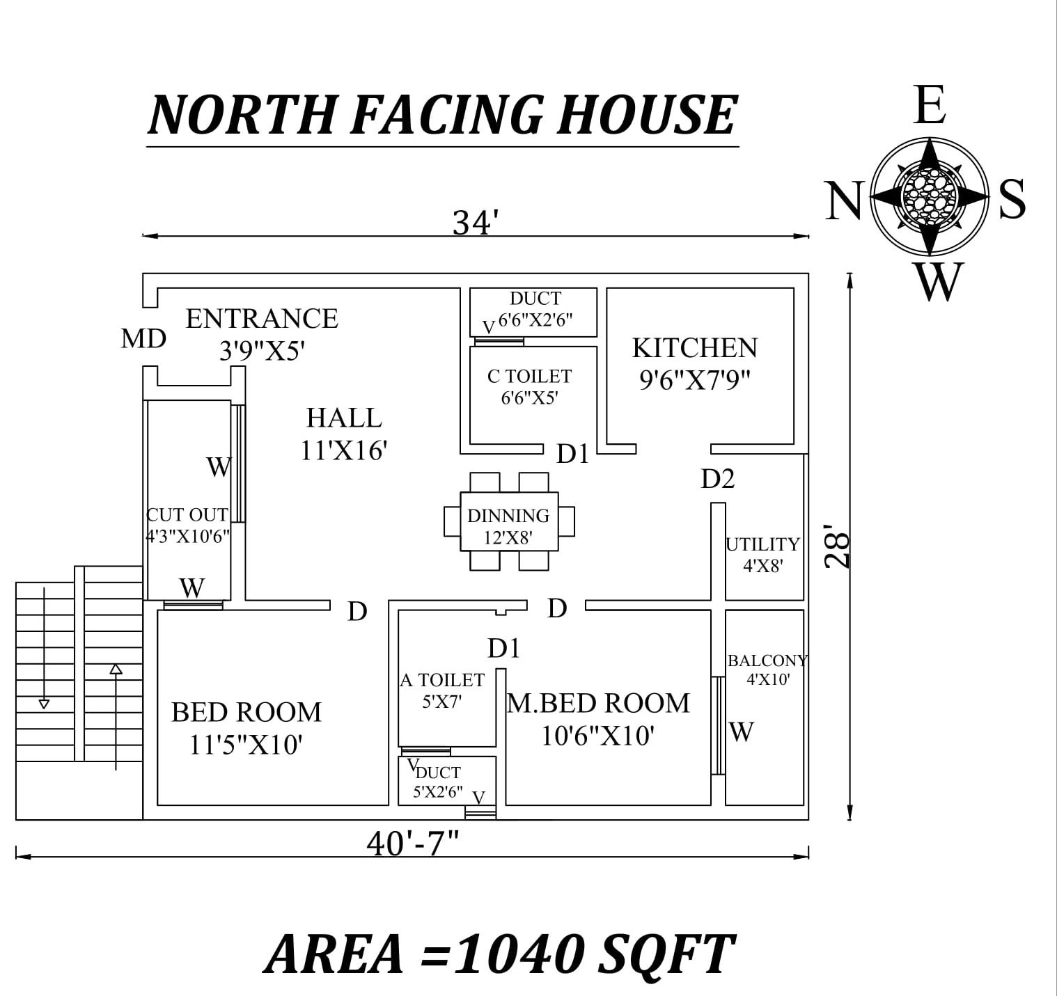 34'x40'7" Marvelous North facing 2bhk house plan as per Vastu Shastra.Autocad DWG and Pdf file details
