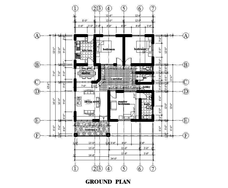 34’x44’ house plan is given in this Autocad drawing file. Download now.