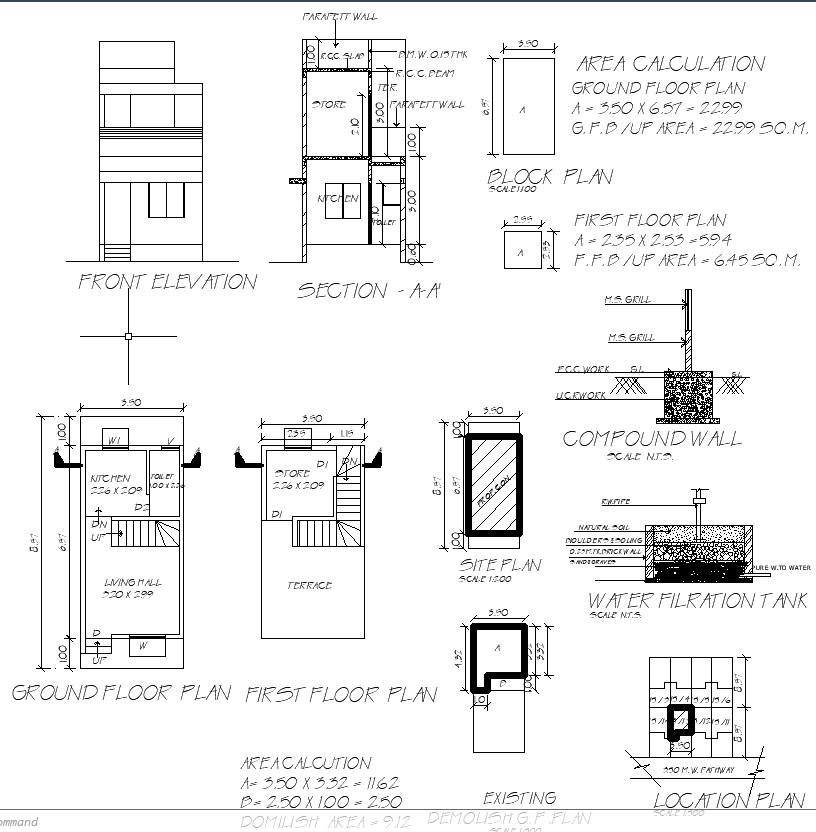 3.50mx8.57m Residential House CAD Plan with Elevation and Section