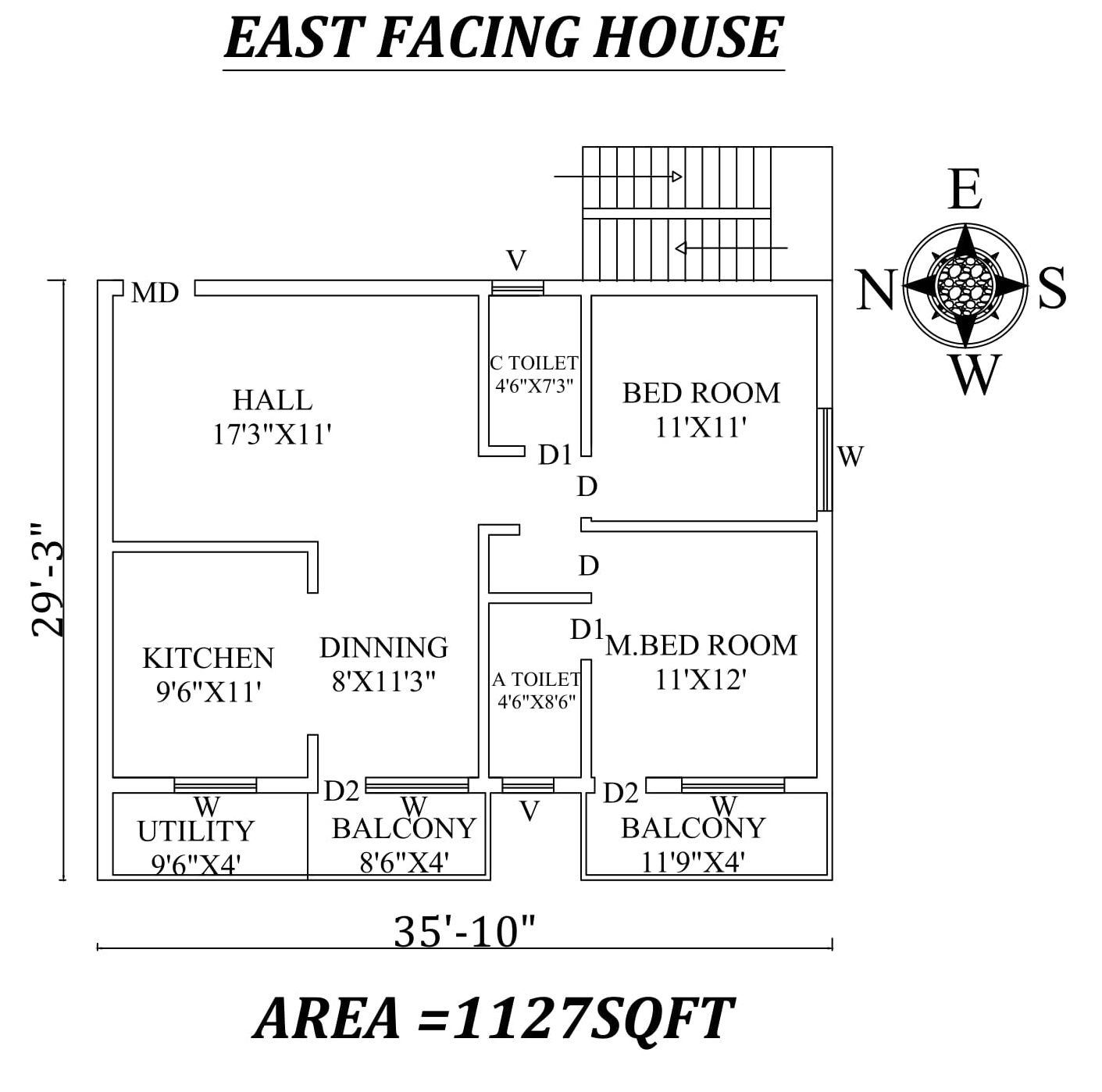 35'10"x29'3" 2bhk East facing House Plan As Per Vastu ShastraAutocad DWG and Pdf file details..