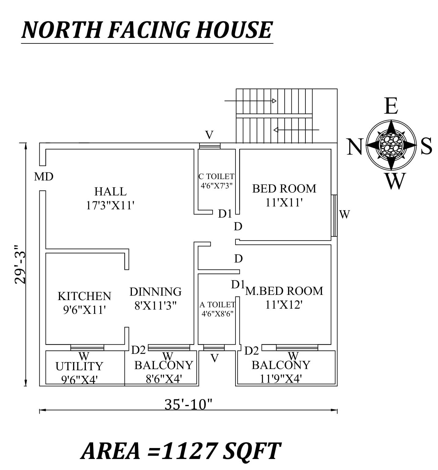 35'10"x29'3" 2bhk north-facing House Plan As Per Vastu Shastra.