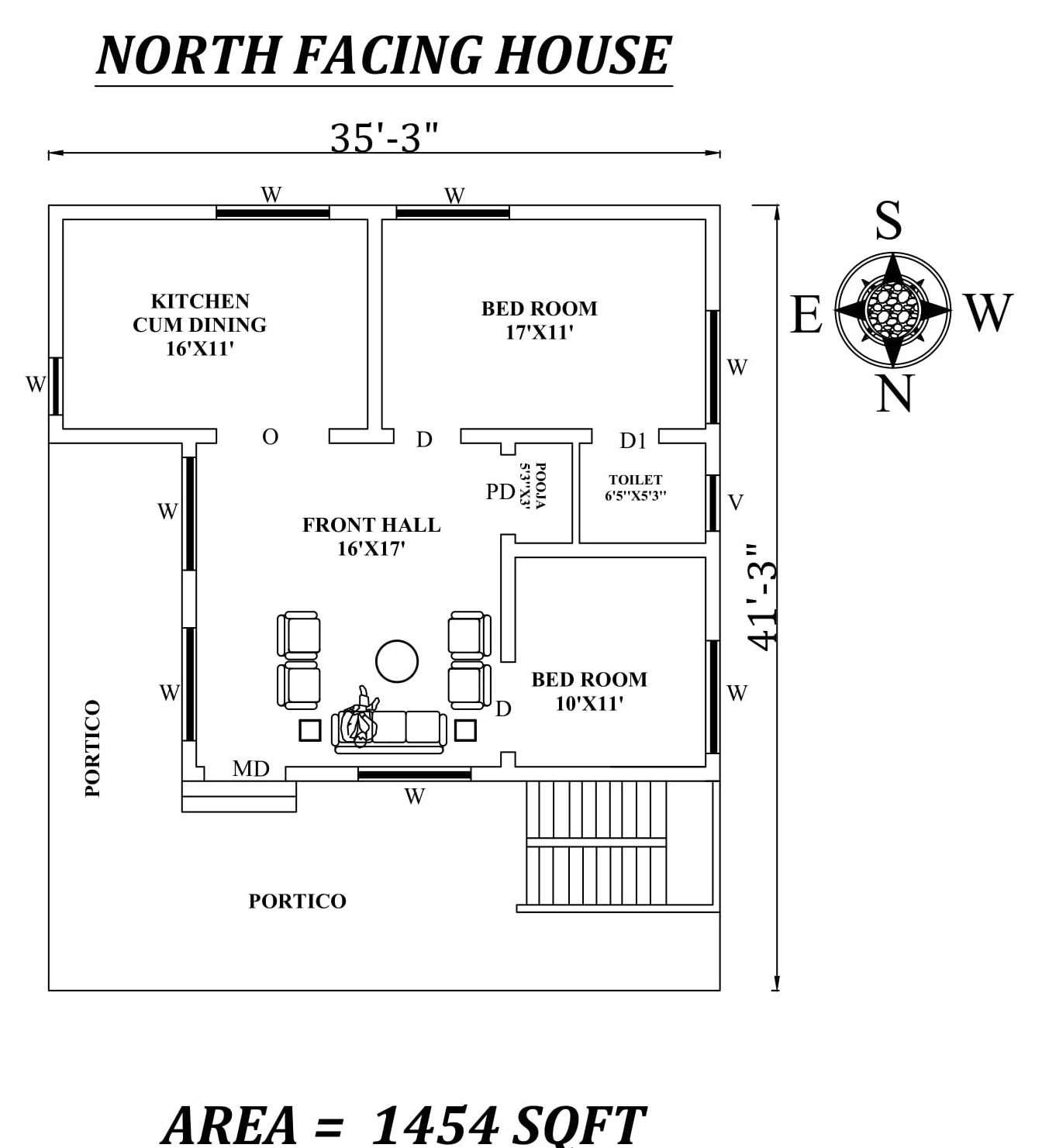 35'3"X41'3" Amazing North facing 2bhk house plan as per vastu Shastra. Autocad DWG and Pdf file details.