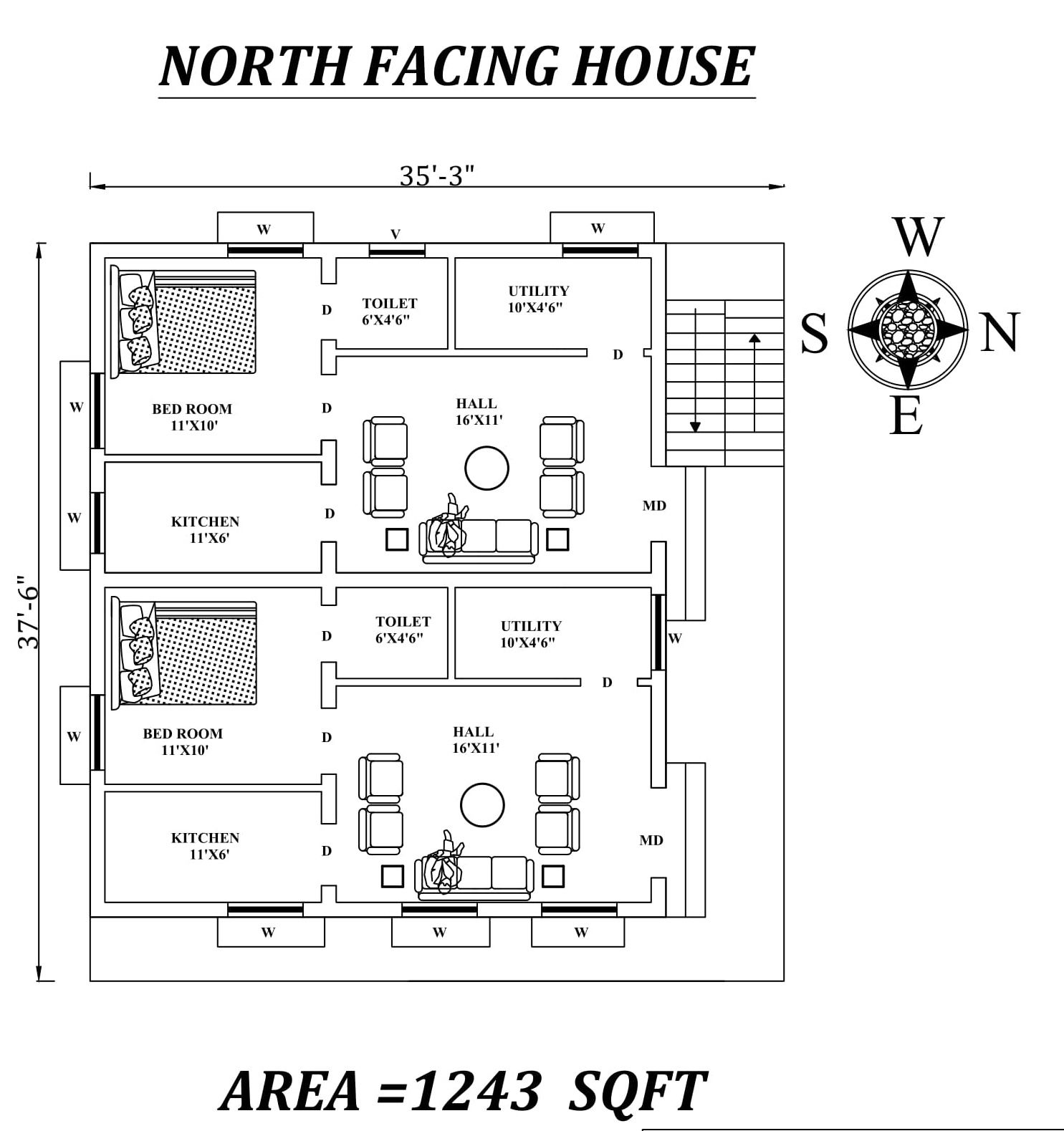 35'3"x 37'6" Single bhk North facing Dual House Plan As Per Vastu Shastra, Autocad drawing file details.