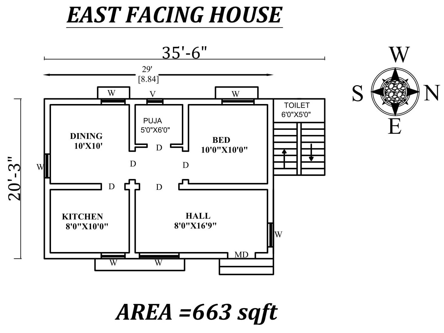 35'6" X20'3" East Facing SIngle BHk House Plan As Per Vasthu Shastra,Autocad DWG file Details.