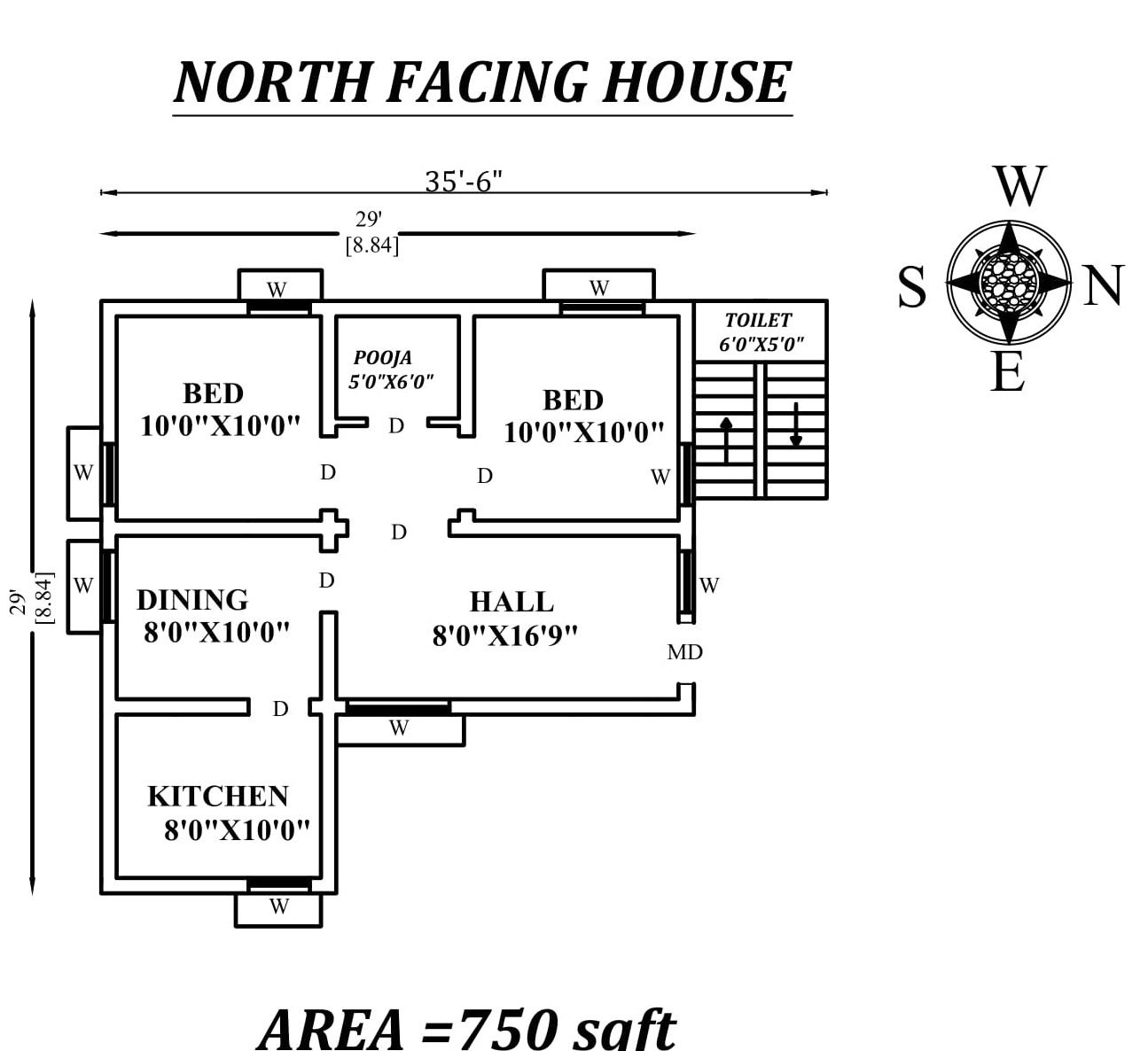 35'6"X29' Perfect North facing 2bhk house plan layout as per Vastu Shastra,Autocad DWG and Pdf file details.