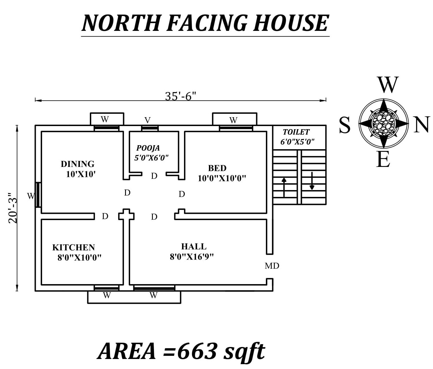 35'6"x 20'3" Single bhk North facing House Plan As Per Vastu Shastra, autocad dwg file details