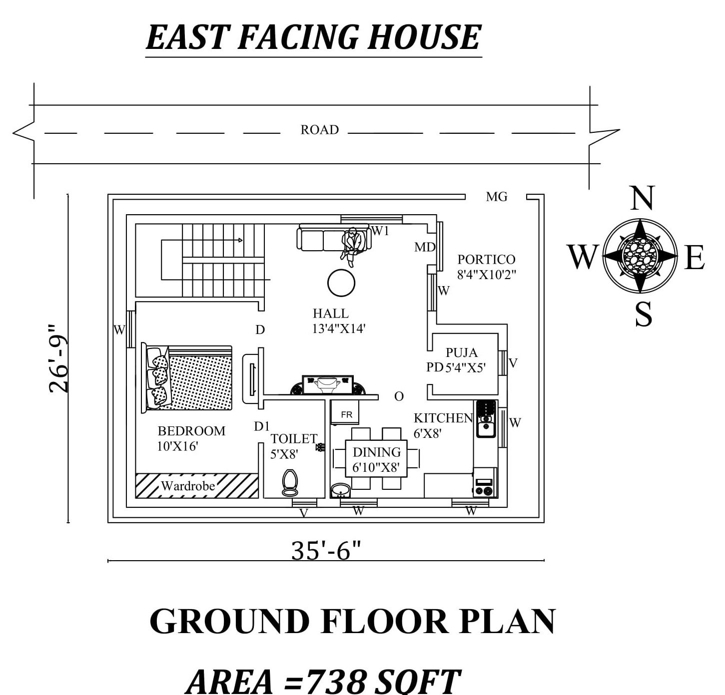 35'6"x26'9" 1BHK East facing small house plan as per vastu shastra, autocad drawing file details