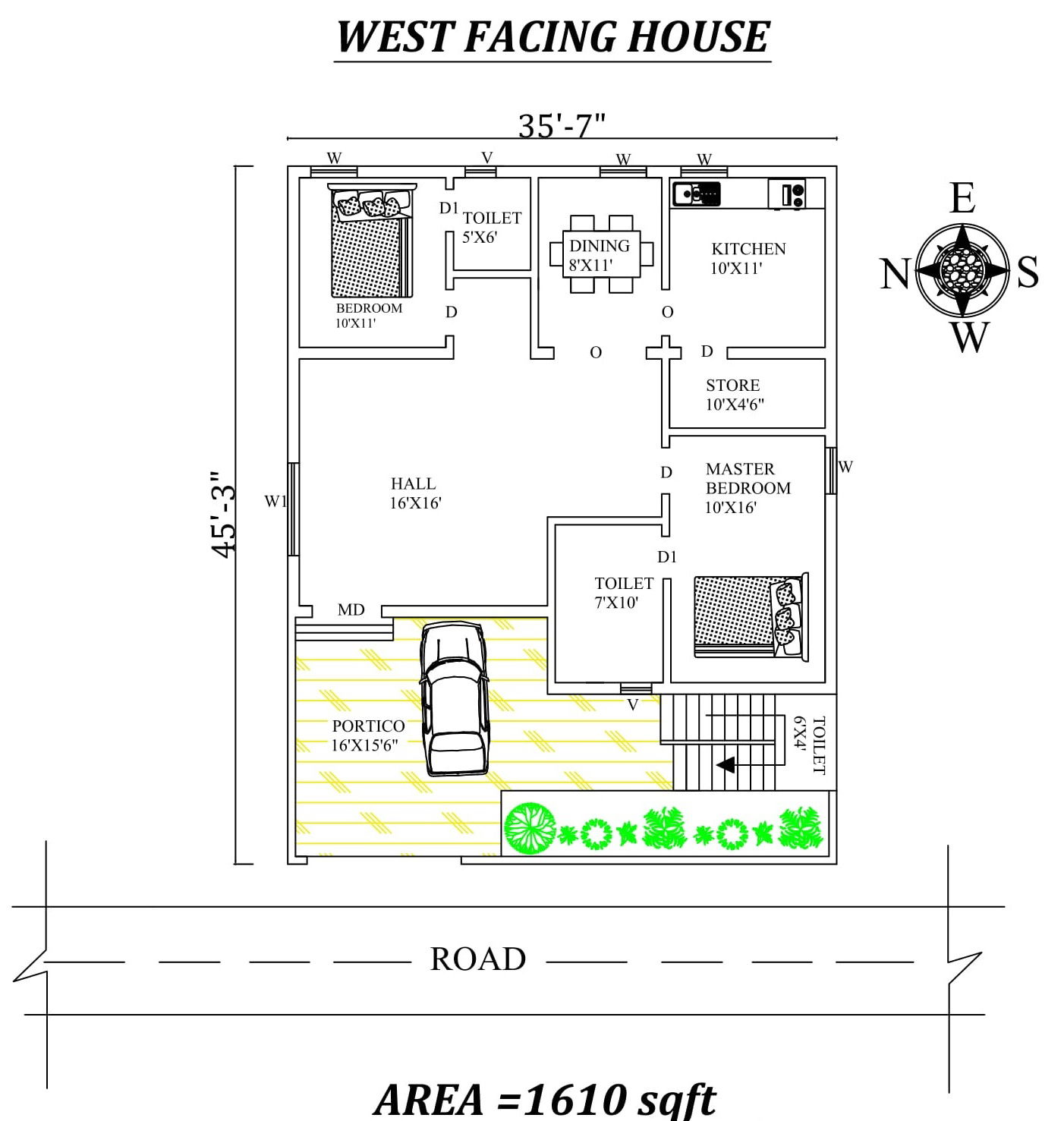 35'6"x45' 2BHK west facing house plan as per vasthu shastra, cad drawing file details