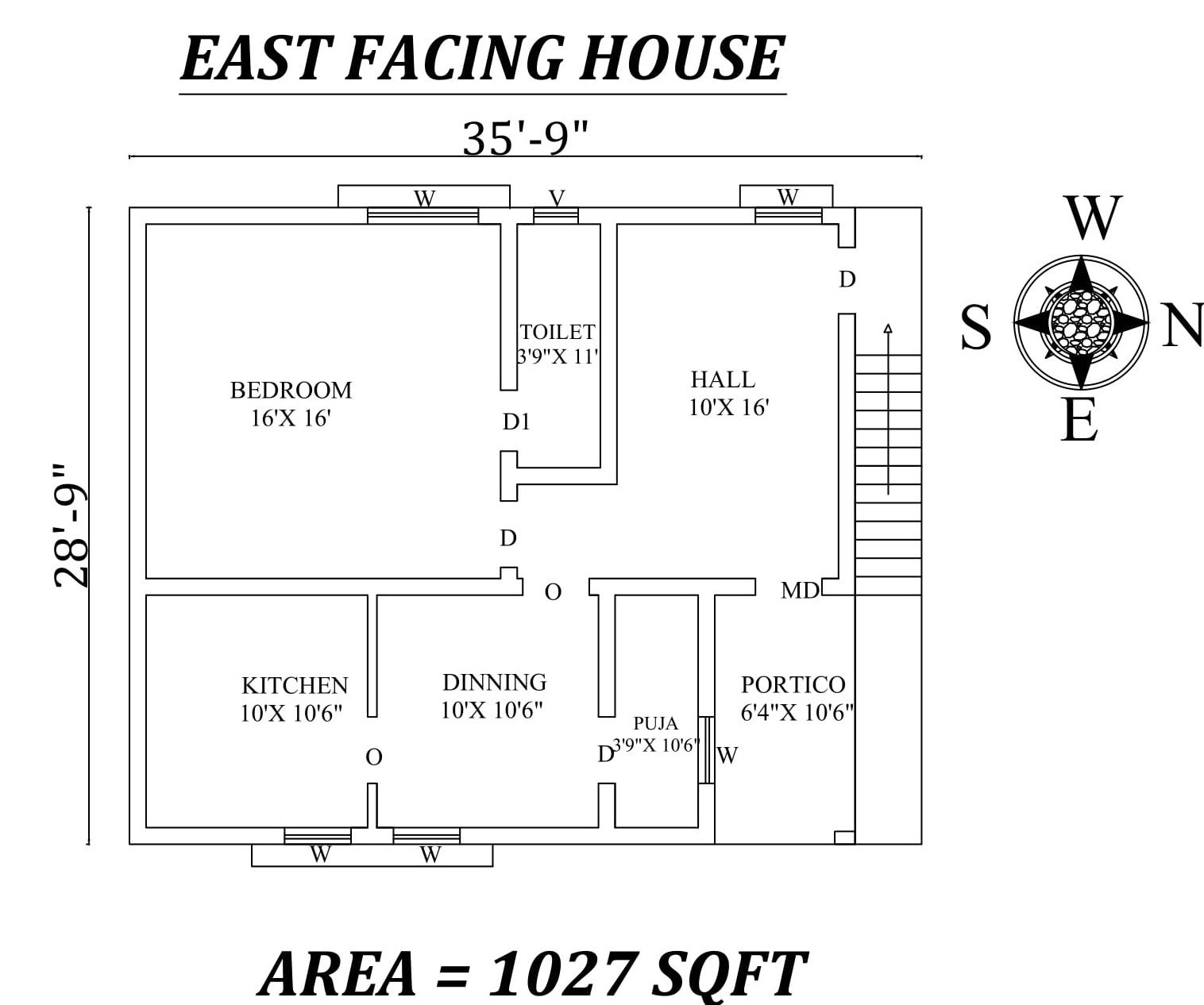 35'9"X17'6" Single bhk East facing House Plan As Per Vastu Shastra,Autocad DWG and Pdf file details
