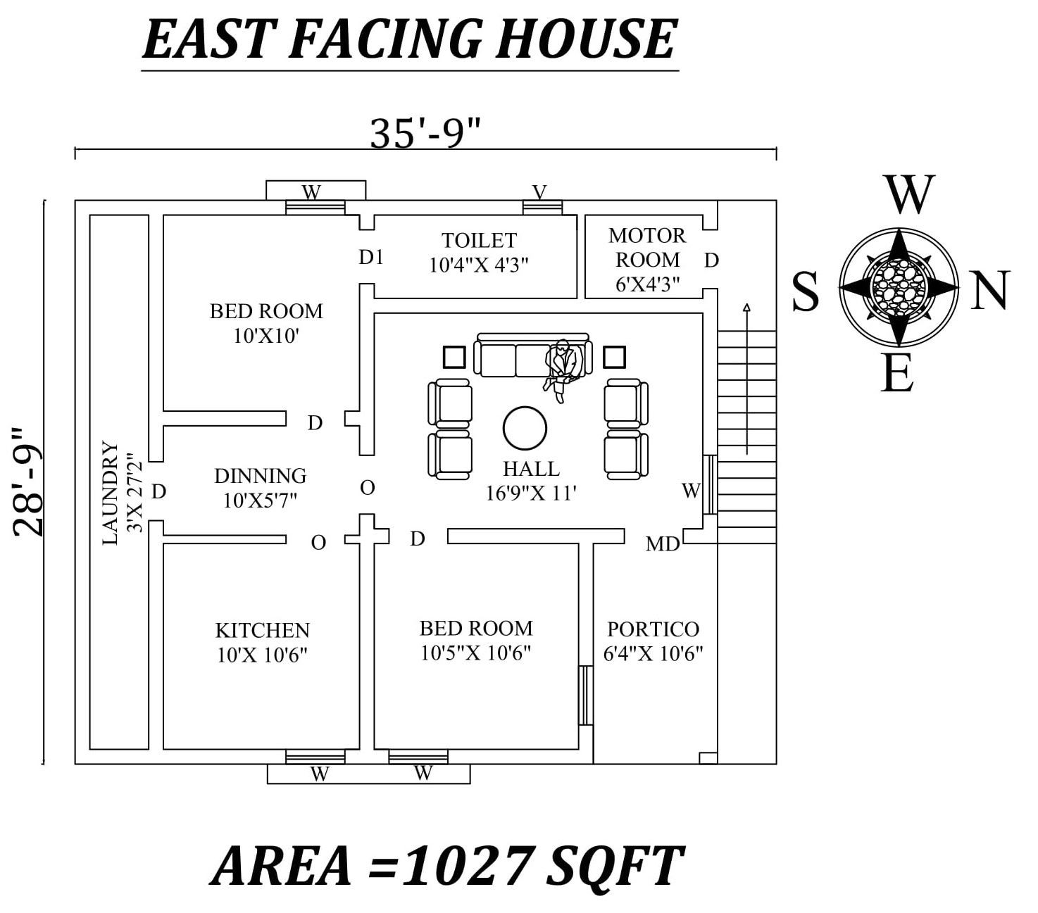 35.9×28.9 East-Facing 2BHK House Plan Vastu Compliant DWG file