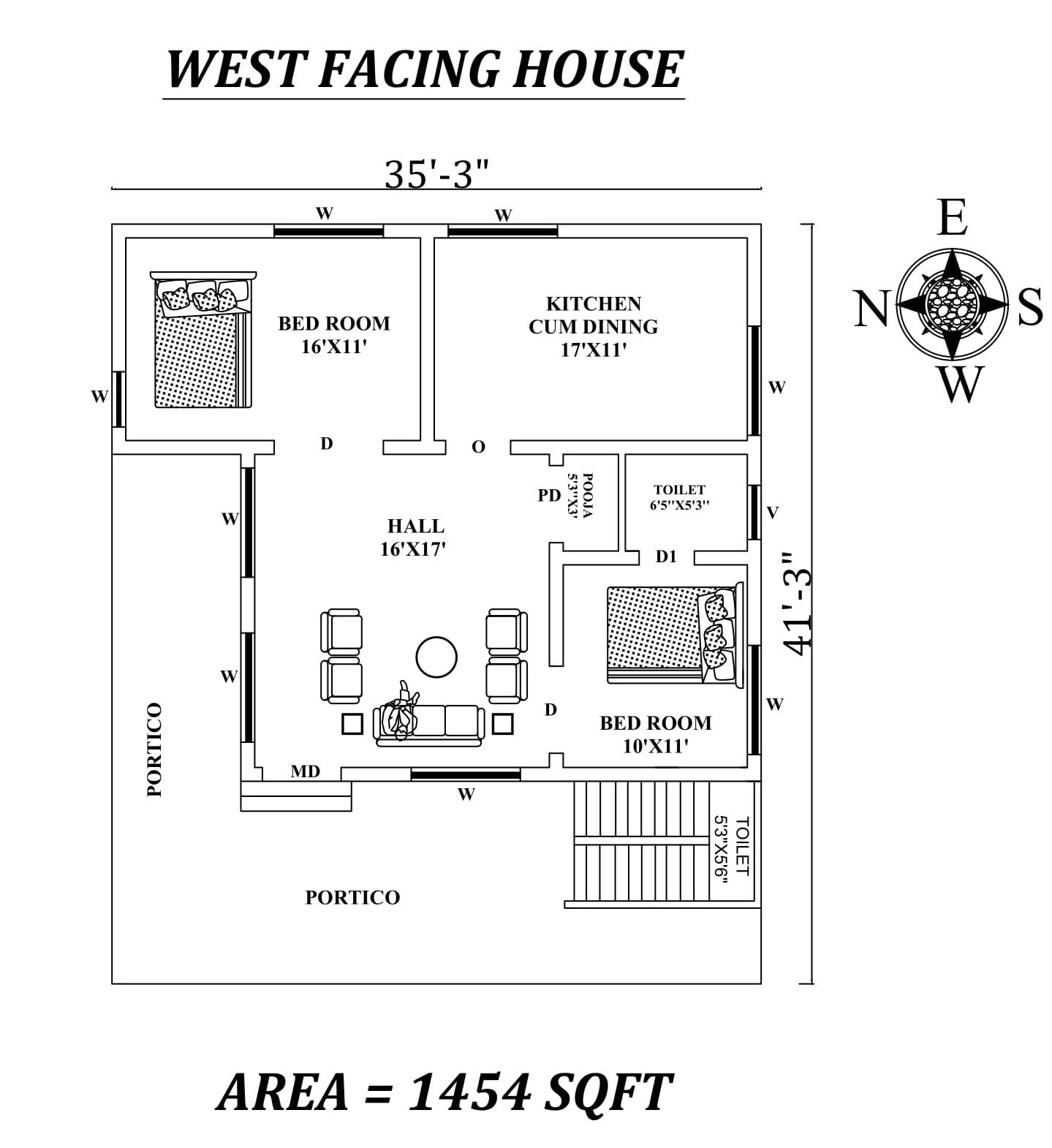 35'X41' Marvelous Furnished 2bhk West facing House Plan As Per Vastu Shastra. Autocad DWG and Pdf file details.