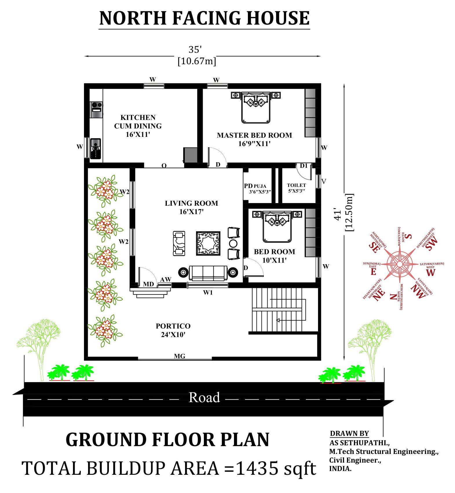 35'X41' North facing 2bhk Vastu house plan.Download Free|CADBULL