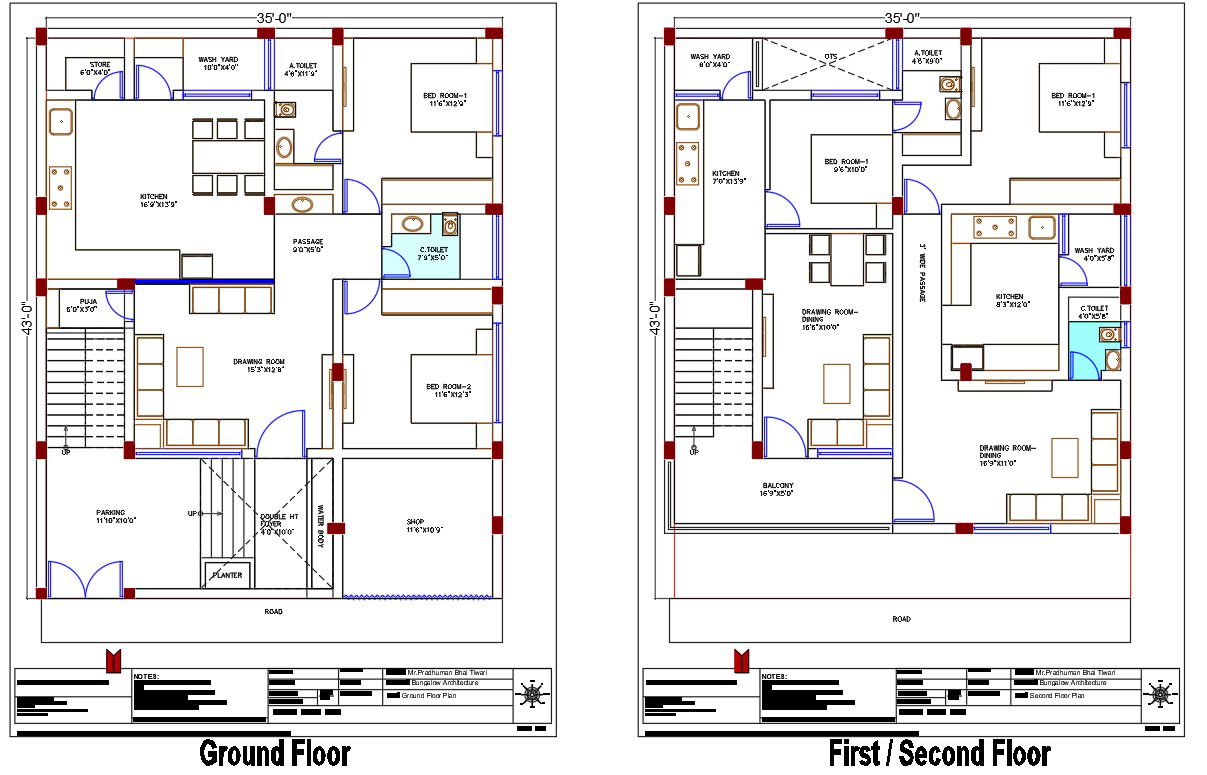 35' X 43' House Furniture Layout Plan AutoCAD File
