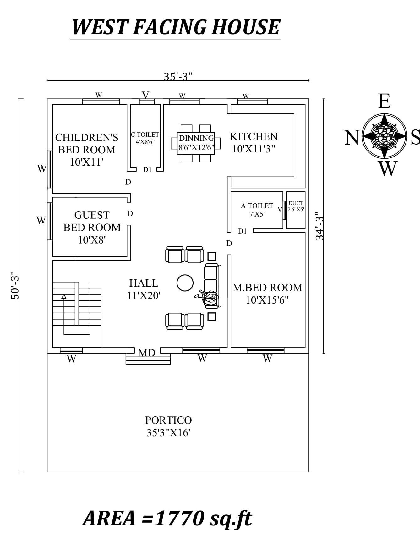 35' X 50' Beautiful 3bhk West facing House Plan As Per Vastu Shastra,Autocad DWG and Pdf file details.
