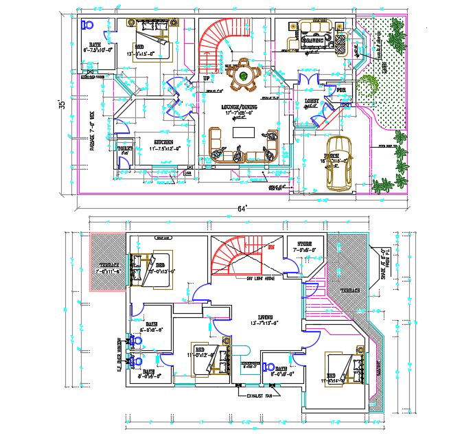 35'X64' Architecture 4 Bedrooms House Furniture Layout Plan AutoCAD Drawing