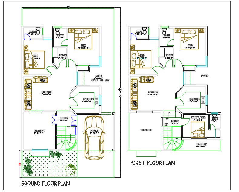 35'X64' Car Parking House Plan With Furniture Layout DWG File