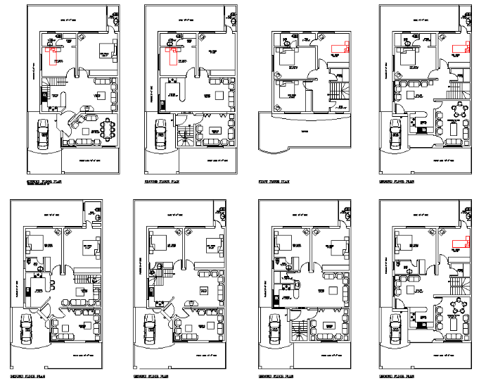 35'X64' Eight different types of 2BHK House plan AutoCAD DWG file.Download it.