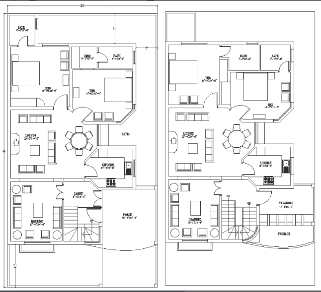 35'X64' G+1 two bedroom house plan AutoCAD DWG file.